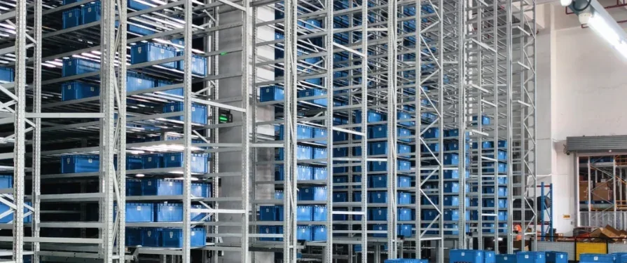 Cajas azules de almacenamiento en estanterías de almacén.